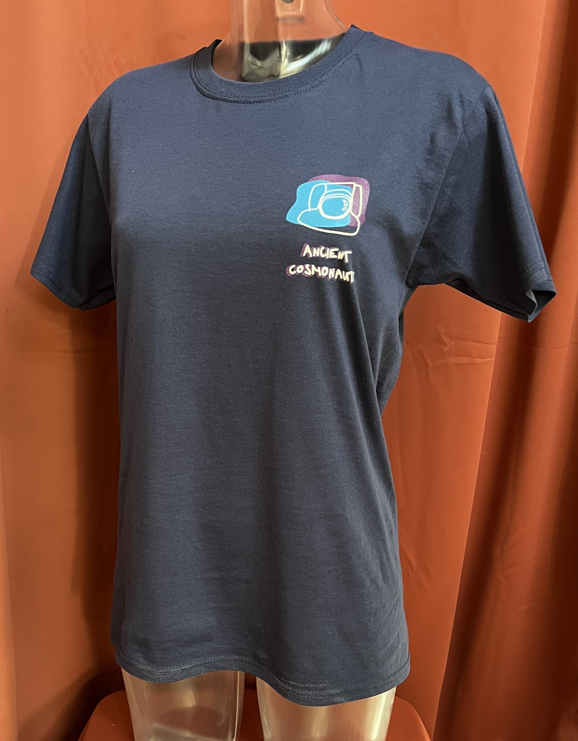 Ancient Cosmonauts T-Shirt, 3-color print on navy, 2-sided print
