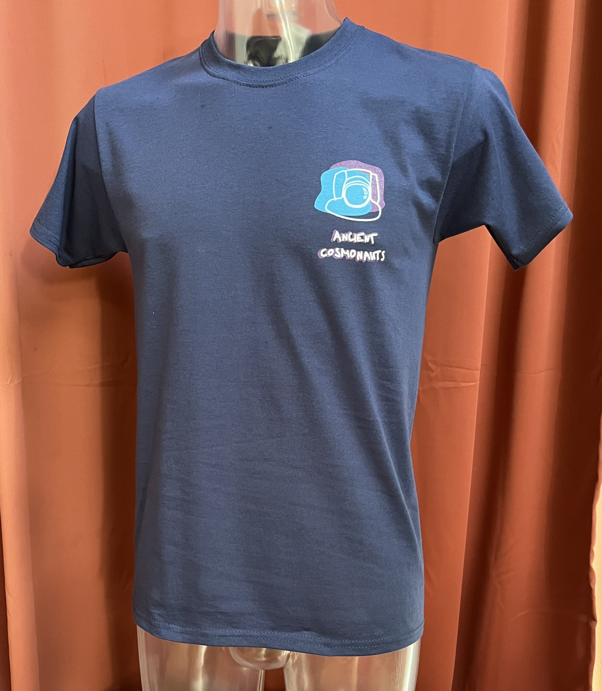 Ancient Cosmonauts T-Shirt, 3-color print on navy, 2-sided print