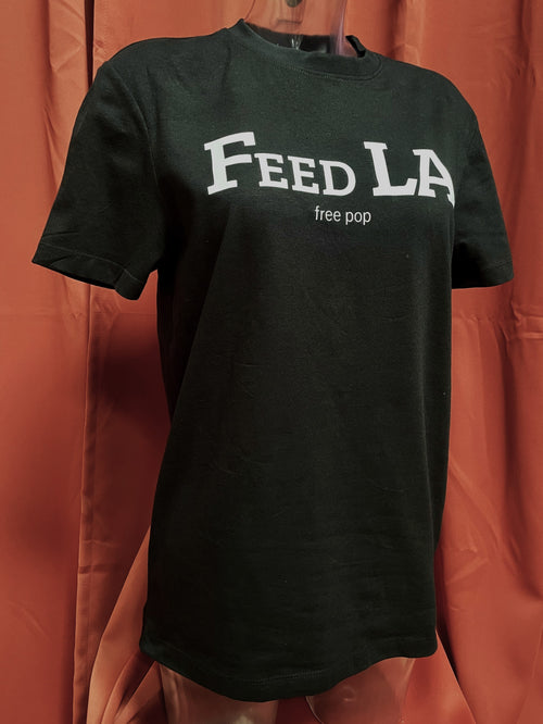 "Feed LA free pop" T-Shirt, white print on black