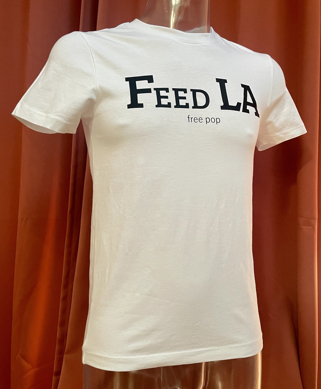 "Feed LA free pop" T-Shirt, black print on white
